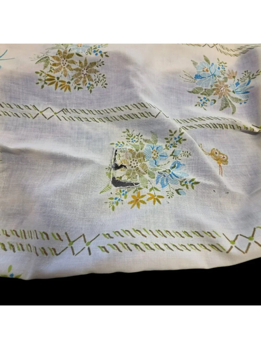 Vtg 70s Queen Bedding Set Lady Pepperell Cottage Floral Faux Needlepoint Muslin